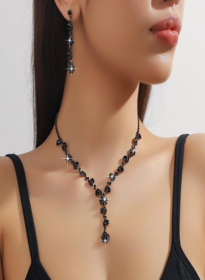 IS4U 3PCS Bridal Wedding Earrings Necklace Bracelet Set Sparkling Rhinestone Crystals Necklace Dangle Earrings Bracelet Set Wedding Prom Banquet Party Ball Costume Jewelry Set for Women (Black) - Image 3